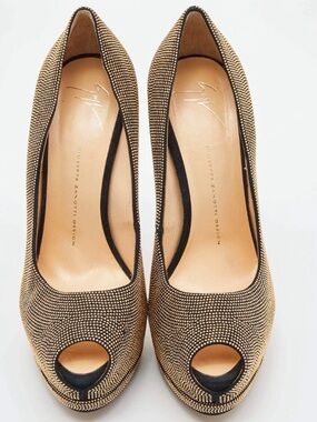 Giuseppe Zanotti Gold Studded Suede Embellished Peep Toe Platform Pumps